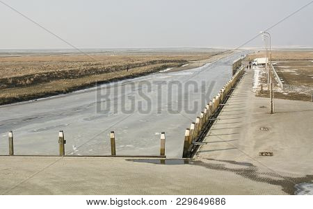 Noordpolderzijl. March-04-2018. Dutch Smallest Harbour Noordpolderzijl Is Frozen. The Netherlands