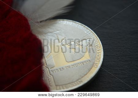 Silver Litecoin Coin  Lying On The  Gray Stone Surface Next To A White Feather And Red Wool. Cryptoc