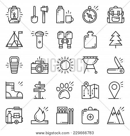 Hiking And Camping Line Icons Set. Outdoor Camp Sign And Symbol. Backpacking Adventure