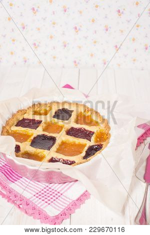 Rustic Crostata, An Italian Baked Tart With 3 Type Of Marmalade. Copy Space
