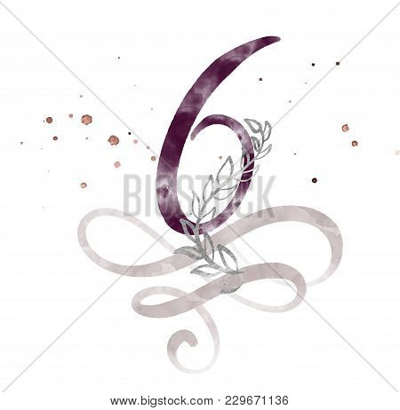 Calligraphic Number Six 6 Vintage Isolated On White Background. Watercolor Decor Flourish For Decora