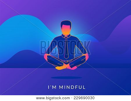 Office Man Sitting In Calm Lotus Pose And Relaxing With Analytics Graphs Behind. Gradient Line Vecto