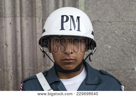La Paz, Bolivia - January 12, 2018: Unidentified Soldier At Mausoleum Of Marshal Andres De Santa Cru