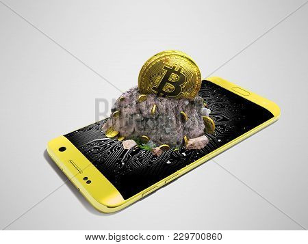 Modern Concept Of Bitcoin Mining With A Yellow Perspective 3d Render On A Gray Background With A Sha