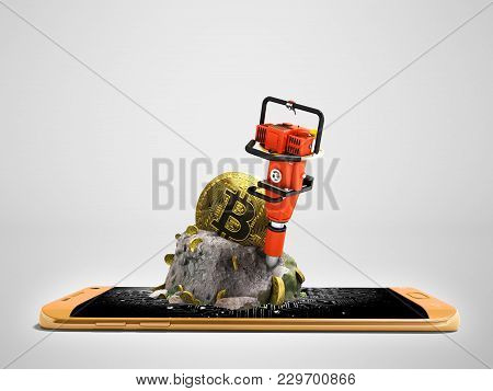Modern Concept Of Mining Bitcoin With A Bump From The Orange Phone In Front 3d Render On A Gray Back