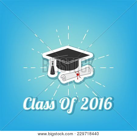 Black Graduation Cap In Beams. Vector Illustration Isolated On Blue Background.