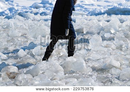 Difficult Passage Over The Ice.walking On Broken Ice Is Difficult And Dangerous.