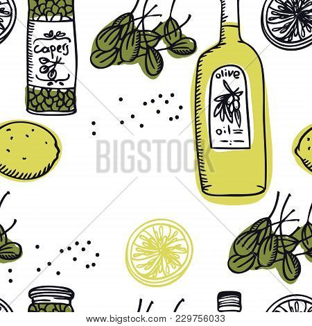 Food Collection Olive Oil And Capers Seamless Pattern Set