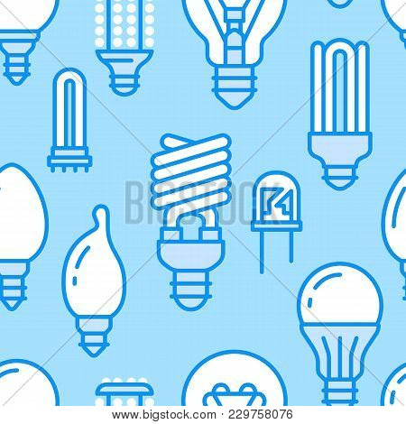 Light Bulbs Seamless Pattern With Flat Line Icons. Led Lamps Types, Fluorescent, Filament, Halogen, 