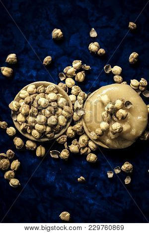 Close Up Of Roasted  Chickpea And Jaggery, Traditional Method To Maintain Good Health And Robust Phy