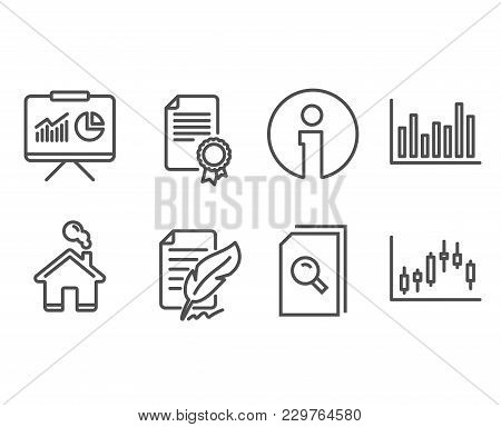 Set Of Presentation, Feather Signature And Certificate Icons. Bar Diagram, Search Files And Candlest