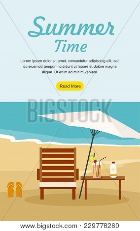 Summer Vacation And Tourism. Web Banner Chaise Lounge And Umbrella On The Beach