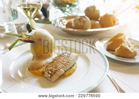 Delicious Homemade Ocean Perch Cooked On One Side With A Shellfish Broth And Baby Vegetable In A Cou
