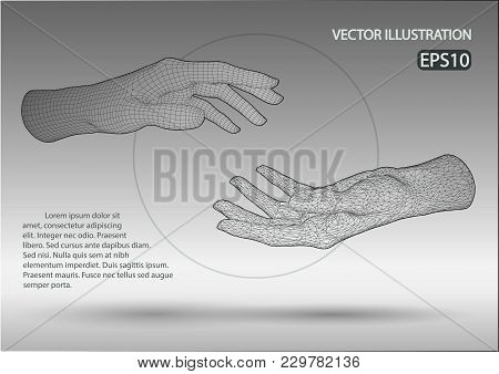 Vector Wire Frame Hands. Vector Illustration Template On Grey Background With Shadows And Text