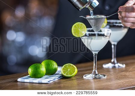 Margarita. Margatita Alcoholic Cocktail Drink On Barcounter In Pub Or Restaurant
