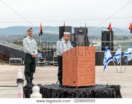 Mishmar David, Israel, February 21, 2018 : The Officer Of The Idf Makes A Speech On The Podium At Th