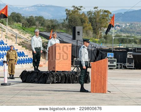 Mishmar David, Israel, February 21, 2018 : Officers Of The Idf Stand Still While Performing The Anth