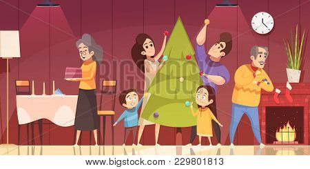 Family Decorating Fir Tree And Preparing To Celebrate Christmas At Home Cartoon Vector Illustration