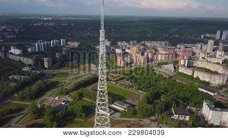 Aerial Of The Tv Tower At Autumn. Top View Of The Tv Tower In The City.