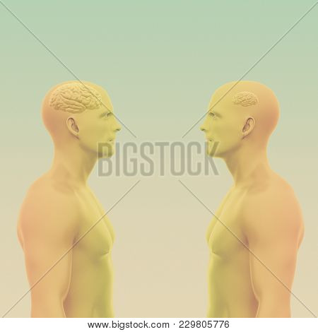 Two Men Face Each Other One With A Large Brain The Other With A Small. Abstract Minimalist Art. Comm