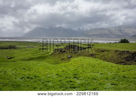 Green Meadows And Hills In Stafafell Area In Iceland