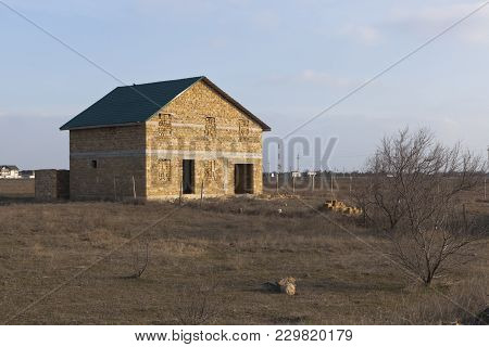 Construction Of A House Made Of Shell Stone In Saki District Of Crimea, Russia