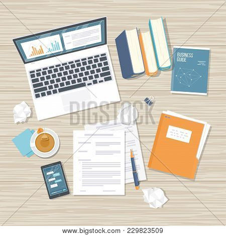 Work Place, Analytics, Optimization, Management. Top View Wooden Office Work Desk With Laptop, Books