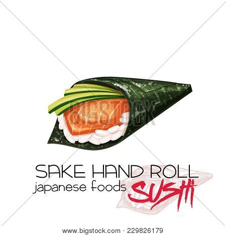 Sushi Vector Illustration. Sake Hand Roll. Japanese Traditional Food Icon With Salmon Fish Fillets.