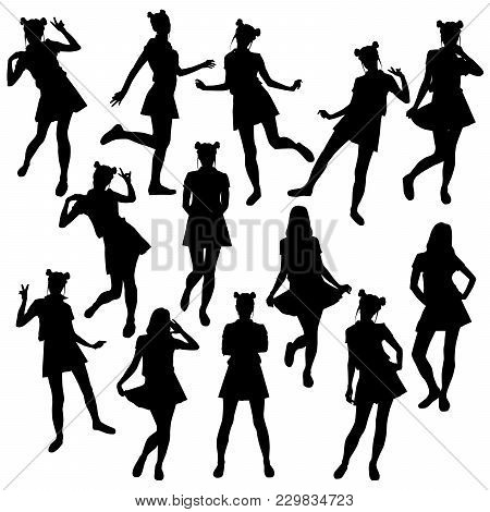 Vector Set Of Subtle Silhouettes Of Cosplay Girls In Student Uniform. Anime Girl Different Poses In 