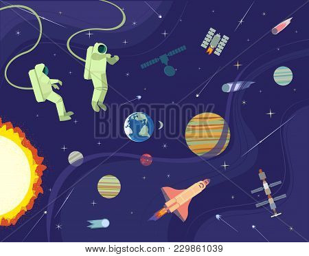Astronaut In Outerspace. Colorful Abstract Cartoon. Shuttle Rocket, Satellite In Cosmos. Moon, Earth