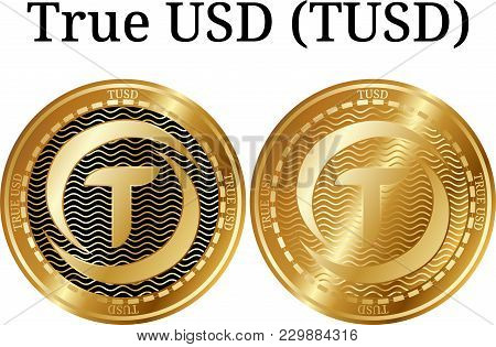 Set Of Physical Golden Coin True Usd (tusd), Digital Cryptocurrency. True Usd (tusd) Icon Set. Vecto