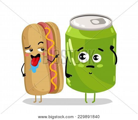 Cute Hot Dog And Soda Can Cartoon Character Isolated On White Background  Illustration. Funny Sandwi