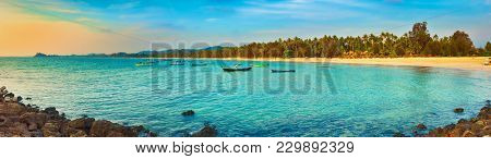  Seascape at sunset time. Beautiful landscape of the Indian ocean. Amazing view. Panorama