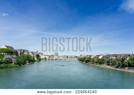 BASEL, SWITZERLAND - June 16, 2017: Rhine river in Basel, Switzerland