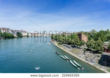 BASEL, SWITZERLAND - June 16, 2017: Rhine river in Basel, Switzerland