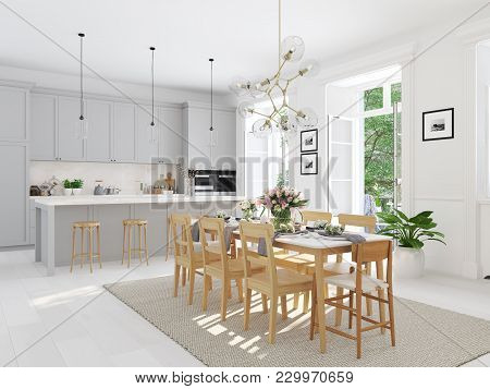3d Rendering Of Modern Kitchen In A Loft.