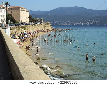 Ajaccio, Corsica, France- August 17, 2017: Bathers On The Beach Of The City Of Ajaccio In The Month 