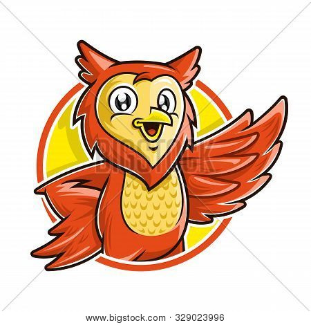 Owl Mascot Character, Vector Of Owl Cartoon Smiling In Circle Background