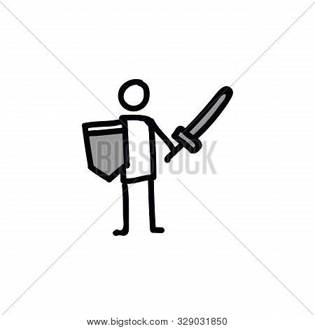 Sword And Shield Stickman Vector Illustration. Hand Drawn Protection And Defense Communication For B