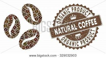 Mosaic Cocoa Beans And Grunge Stamp Seal With Organic Product Natural Coffee Text. Mosaic Vector Coc