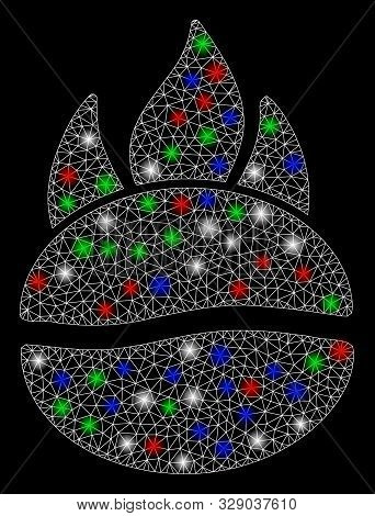 Bright Mesh Fired Coffee Bean With Glow Effect. White Wire Carcass Triangular Mesh In Vector Format 