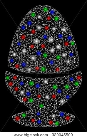 Bright Mesh Boiled Egg With Glare Effect. White Wire Frame Polygonal Mesh In Vector Format On A Blac