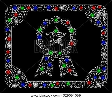 Bright Mesh Authorize Diploma With Glare Effect. White Wire Carcass Polygonal Mesh In Vector Format 