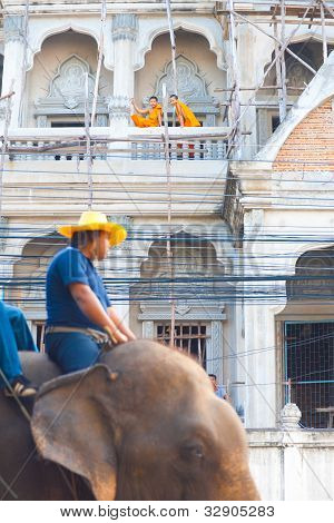 Junge MÃ¶nche gerade Elefanten parade