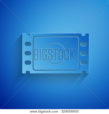 Paper Cut Play Video Icon Isolated On Blue Background. Film Strip With Play Sign. Paper Art Style. V