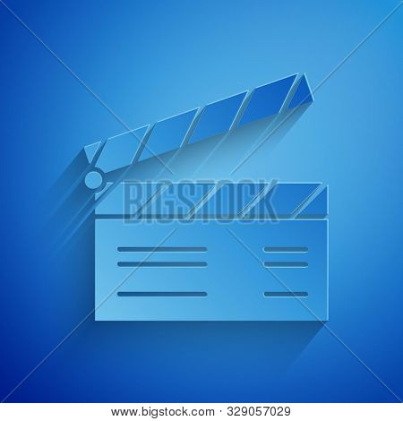Paper Cut Movie Clapper Icon Isolated On Blue Background. Film Clapper Board. Clapperboard Sign. Cin