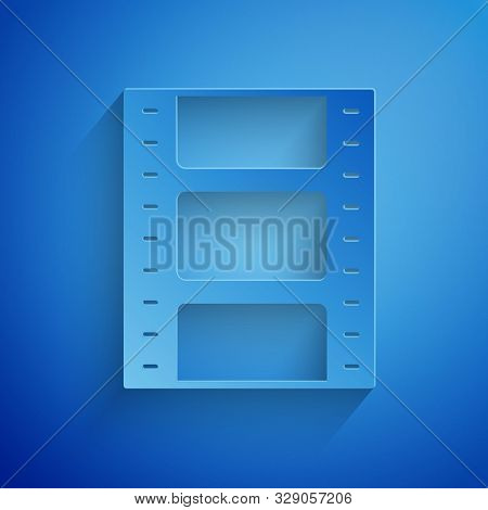 Paper Cut Play Video Icon Isolated On Blue Background. Film Strip Sign. Paper Art Style. Vector Illu