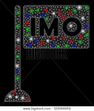 Bright Mesh Imo Flag With Lightspot Effect. White Wire Frame Polygonal Network In Vector Format On A