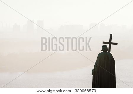 Vladimir Hill Park (Volodymyrska Hill). View of the city of Kiev in the fog. Historical monument in the capital of Ukraine