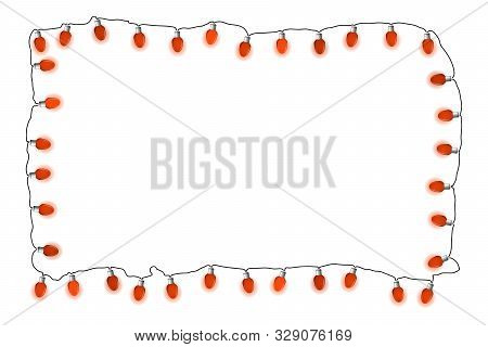 Lights Bulbs Frame. Glowing Red Christmas Garlands String. Vector Illustrayion. New Year.